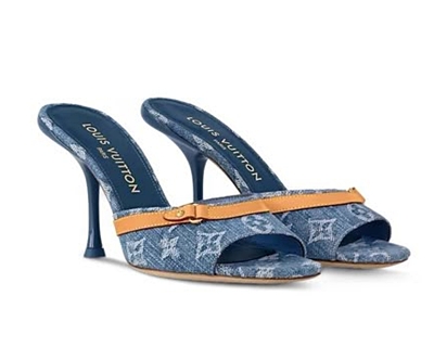 LV DENIM HEELS KITTEN MULES