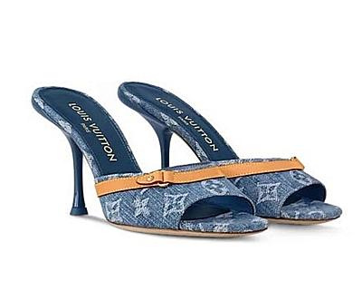 LV DENIM HEELS KITTEN MULES
