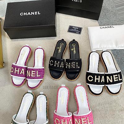 CHANEL TWEED SLIDES CORK BLOCK SANDALS - (Colors Available)