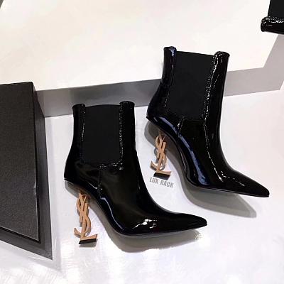 YSL OPYUM PATENT POINT TOE ANKLE BOOT